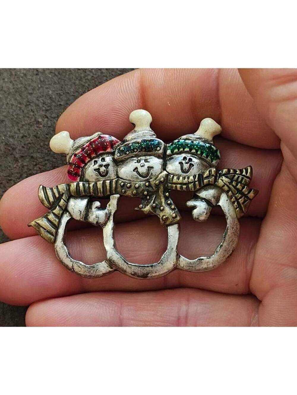 1980s Pewter Triple Snowman Holiday Brooch Pin